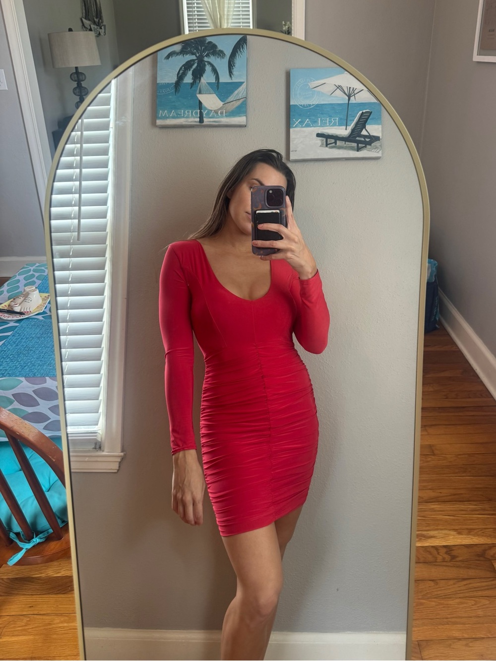 PrettyLittleThing Red Long-Sleeve Ruched Mini Dress